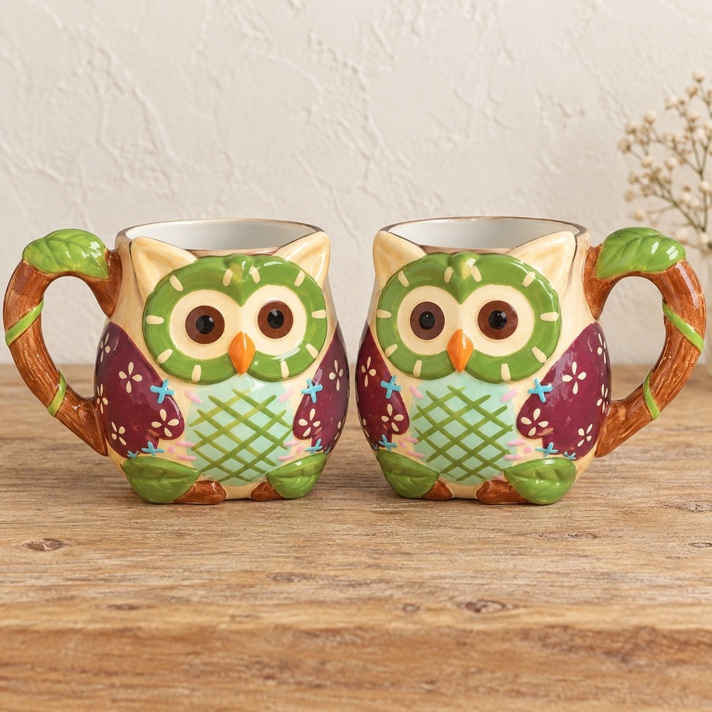 Pier 1 Imports Ollie the Owl Mugs Set Hand Painted Colorful 3D Branch Handle